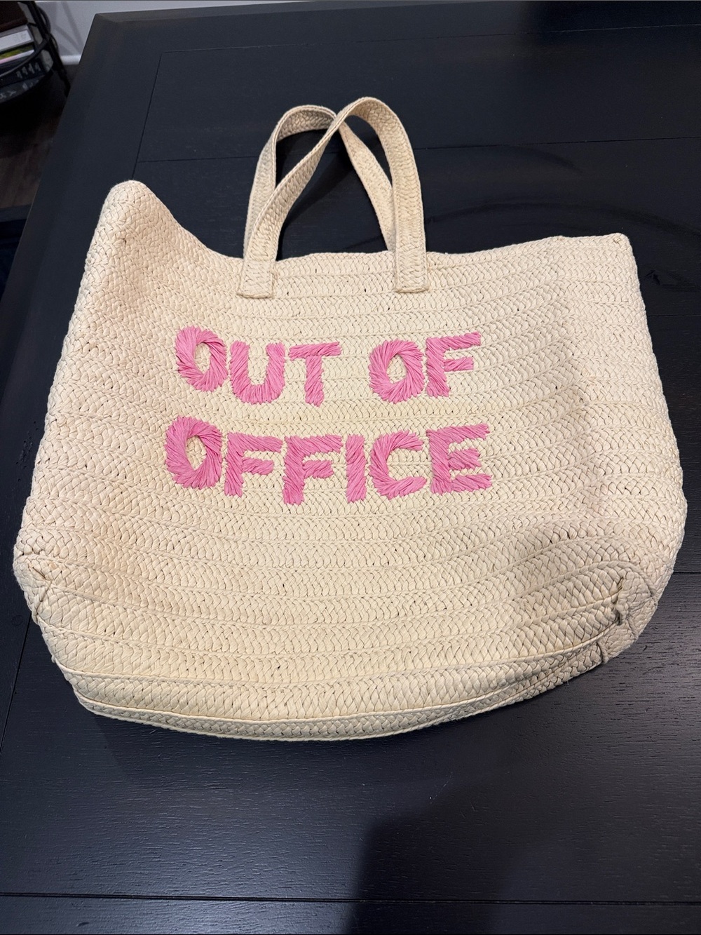 Straw Tote Bag with Pink "OUT OF OFFICE" Embroidery